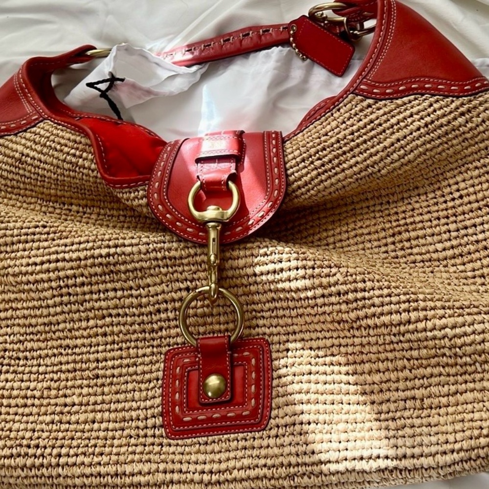 Coach XL Bleeker Millie Raffia Hobo Tote Bag F13374 Color Red and Tan - Picture 6 of 7